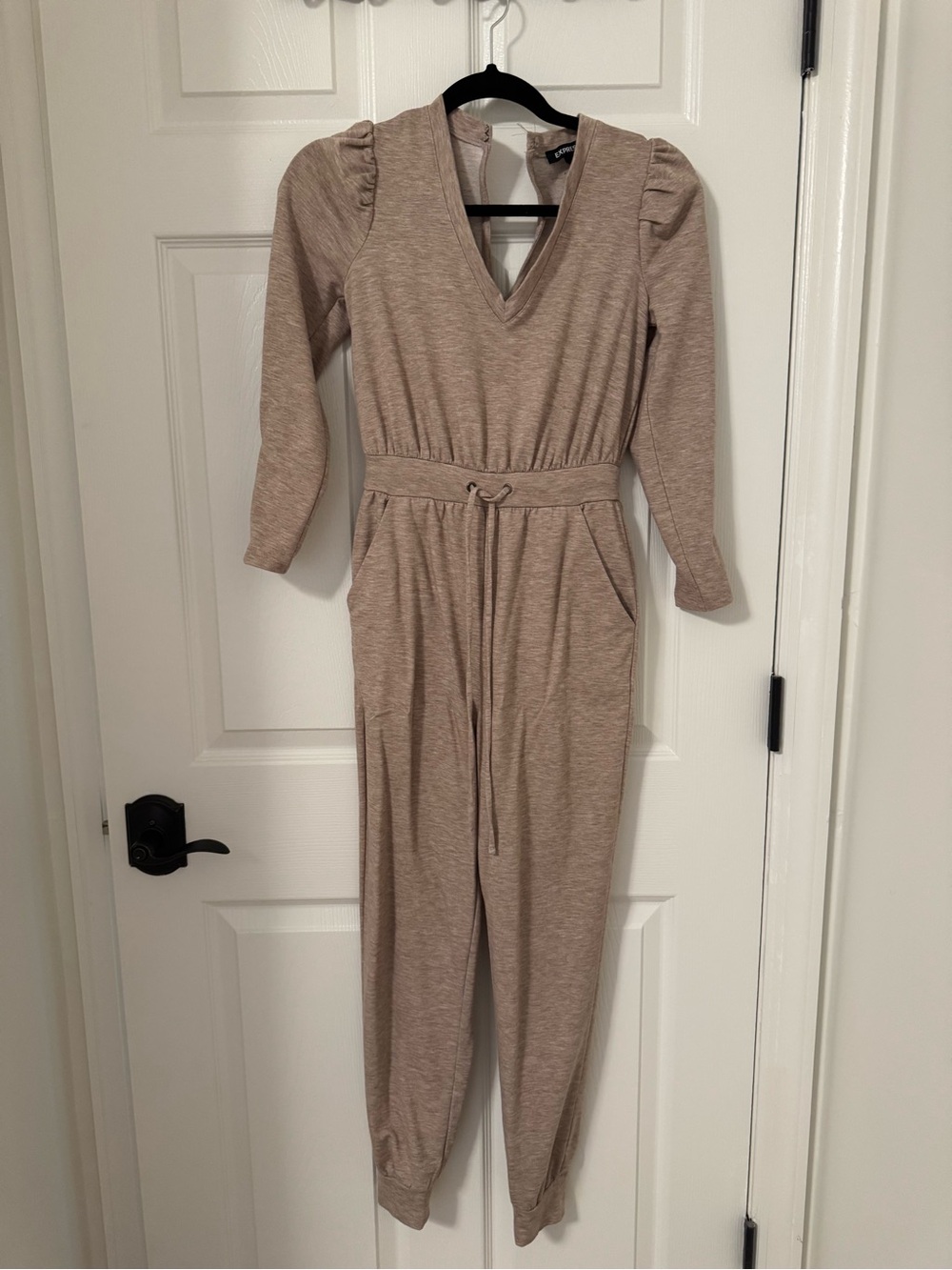Express Taupe V-Neck Long Sleeve Jumpsuit